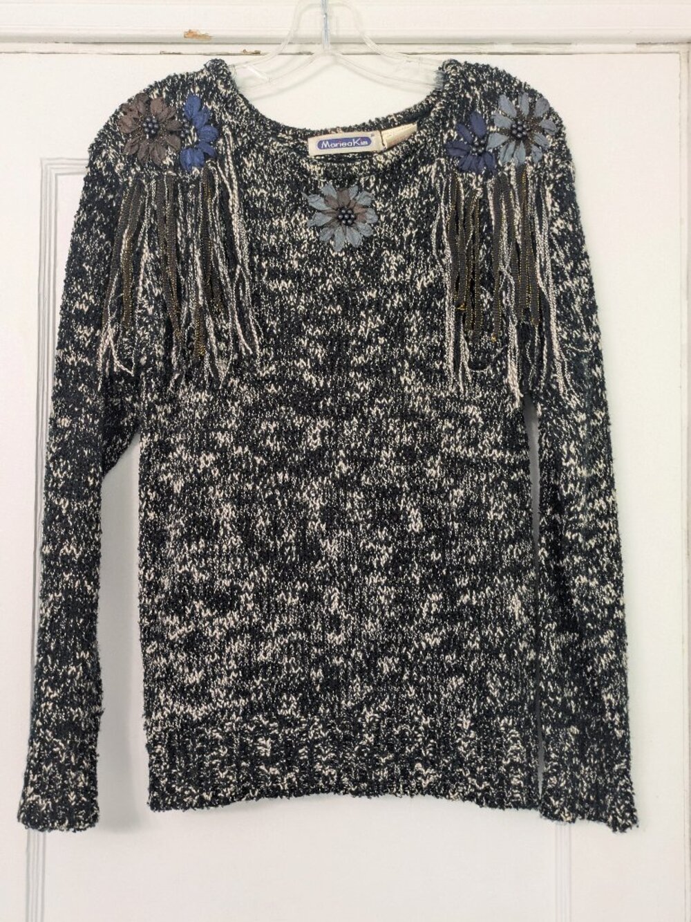 Vintage Mariea Kim Sweater with Floral Applique, Beads, and Shoulder Tassles - M